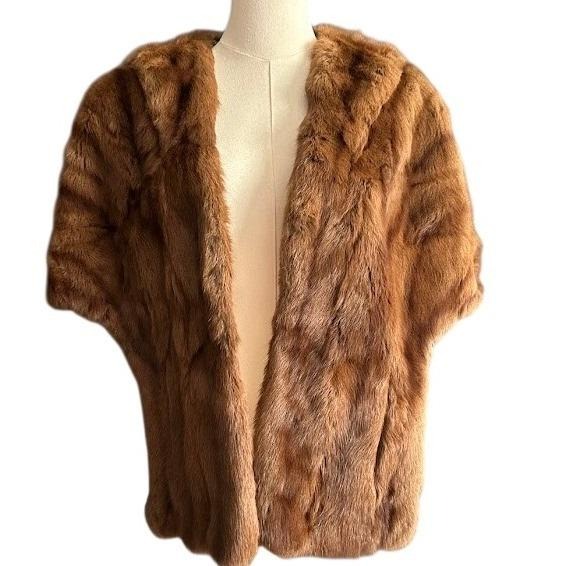 Vintage 50s Real Mink Fur Stole Wrap Shawl Collar W/ Pockets Brown